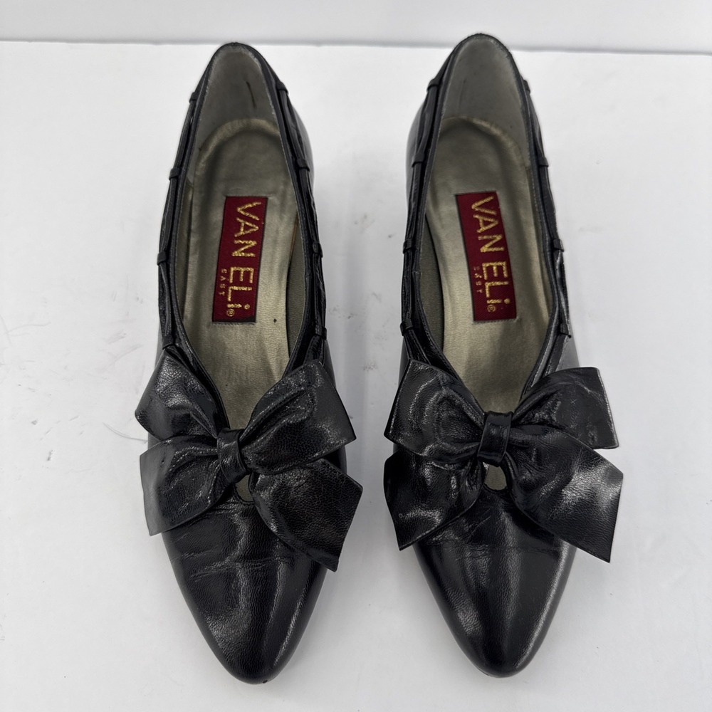 Vtg 90s VANELi East Chic Luxe Black Genuine Leather Shoes W Bows Sz 7 S